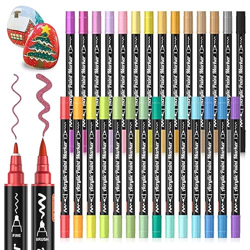 28 Metallic Colors Dual Tip Acrylic Paint Markers, Brush Tip and Fine Tip  Acrylic Paint Pens for Rock Painting, Ceramic, Wood, Canvas, Plastic,  Glass,