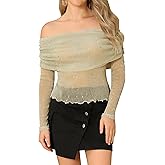 Womens Mesh Sheer Tops Sexy Off Shoulder Going Out Tops Sparkly Sequin Summer Party Clubwear Shirts Blouses