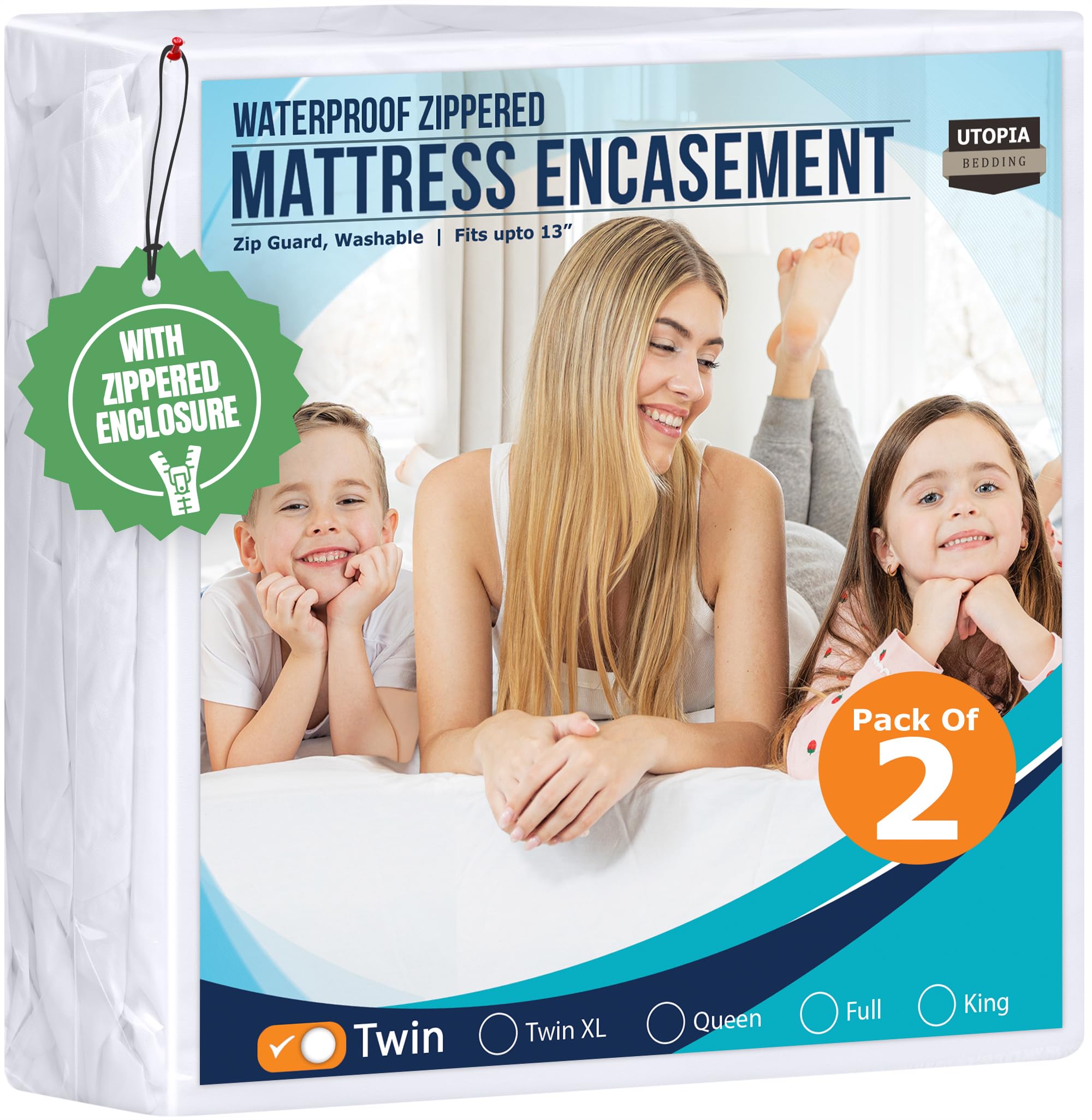 Photo 1 of Utopia Bedding Waterproof Mattress Protector Twin Size (Pack of 2), Zippered Mattress Encasement Bed Bug and Dust Mite Proof, Absorbent Six-Sided Mattress Cover