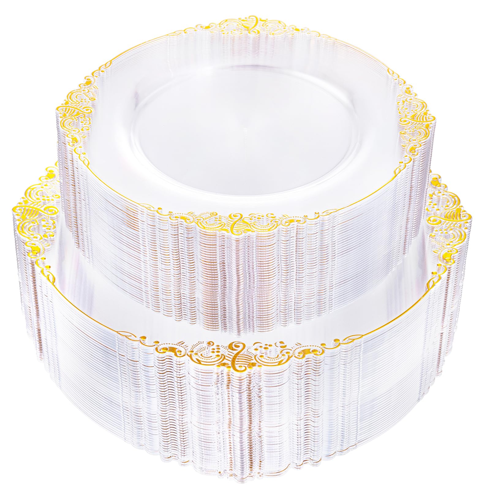 Photo 1 of Joyido 102PCS Clear Gold Plastic Plates - Clear Disposable Plates with Gold Rim - Clear Party Plates Include 51PCS 7.5inch Dessert Plates, 51PCS 10.25inch Dinner Plates for Weddings & Parties
