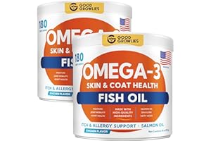GOODGROWLIES Omega 3 Fish Oil for Dogs (360Ct) - Skin&Coat Chews - Dry & Itchy Skin Relief + Allergy Support - Shiny Coat - EPA&DHA Fatty Acids - Salmon Oil Chews Promotes Heart, Hip & Joint Support