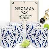 MEZCASA Talavera Shot Glasses — 100% Handmade Ceramic Tequila Shot Glasses with Talavera Mexican Pottery Design — Perfect Tequila Gifts for Women & Men for Any Occasion (BLUE | SET OF 4)