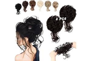 FeidyLong 2PCS Messy Bun Hair Piece Tousled Updo with Tendrils Wavy Curly Hair Bun Scrunchies Ponytail Extension Elastic Band Hairpieces For Women (Dark Brown)