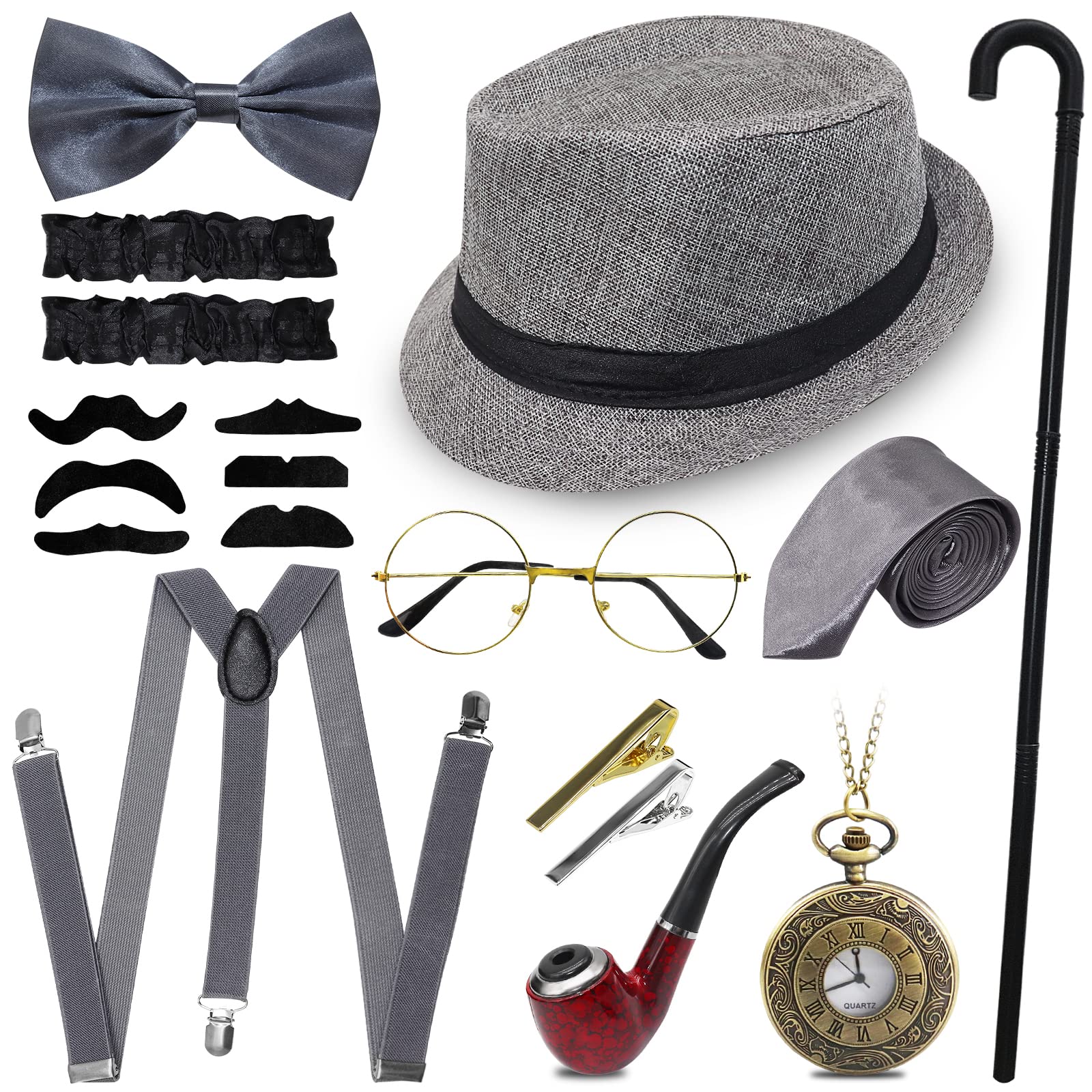 Grantop 11PCS Gatsby Costume Accessories Set,Roaring Retro Gangster Costume Vintage 1920s Men Costume Accessories Hat, Glasses, Tie Clip, Tie, Bow, Sleeve, Beard, Pipe, Pocket watch, Cane, Suspender — image 1