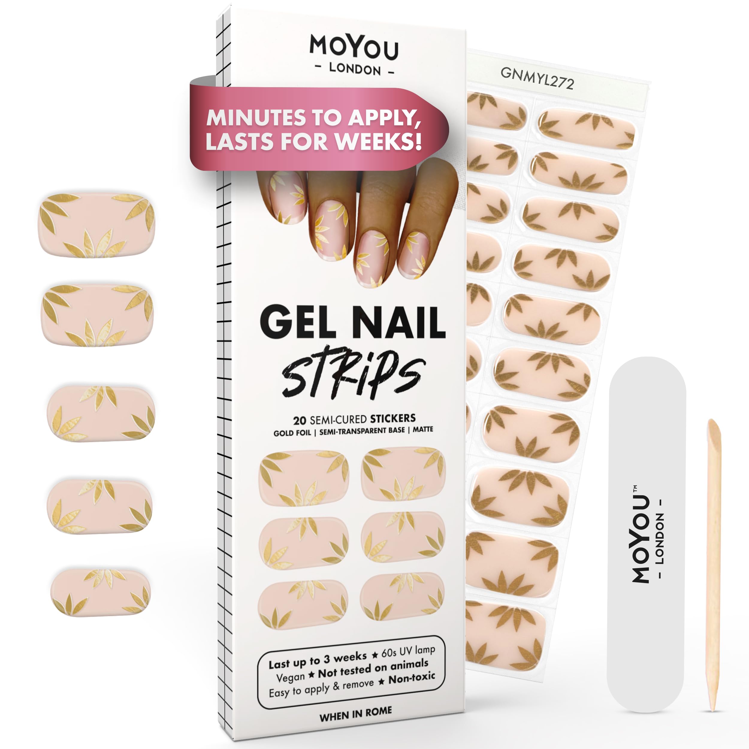 MOYOU LONDON Semi Cured Gel Nail Strips - 20 Pcs. Waterproof Gel Nail Wraps, Cures in Sunlight or UV/LED Lamp, Lasts Up to 2+ Weeks, Stretchable, Easy to Apply & Remove, Vegan & Cruelty-Free