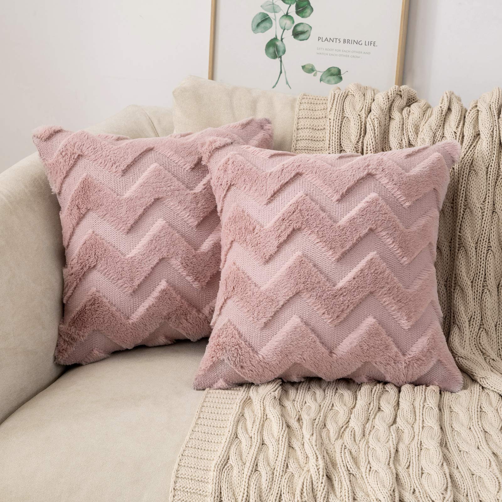 MIULEE Pack of 2 Faux Fur Throw Pillow Covers Wave Wool Decorative Elegant Fluffy Cushion Cases for Couch Sofa Bedroom Living Room 20x20 Inch Powder Leather