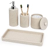 Beige Bathroom Accessories Set 4 Pcs - Toothbrush Holder,Lotion Soap Dispenser,Qtip Holder Dispenser,Vanity Tray for Countertop Vanity Organizer,Bathroom Accessory Set