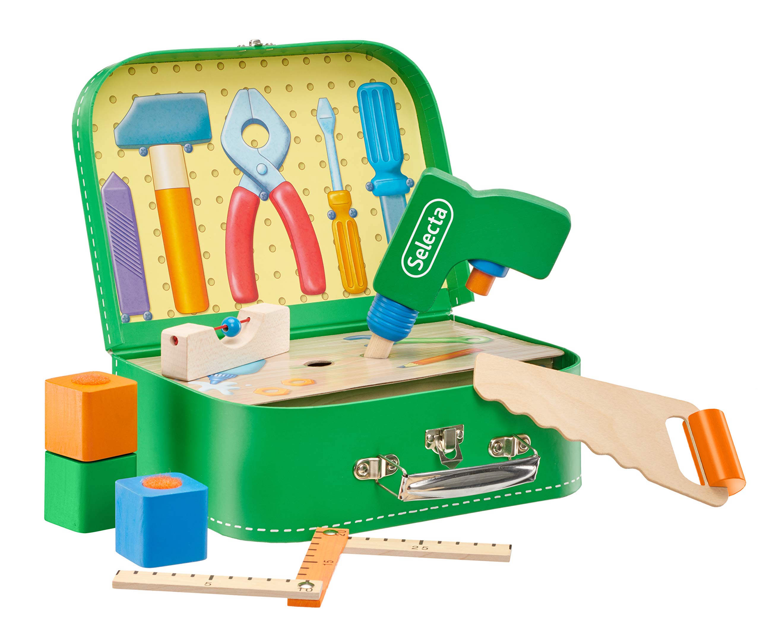 Selecta 62074 Tool Box Sturdy Wooden Tools 25 x 18 cm Multi-Coloured