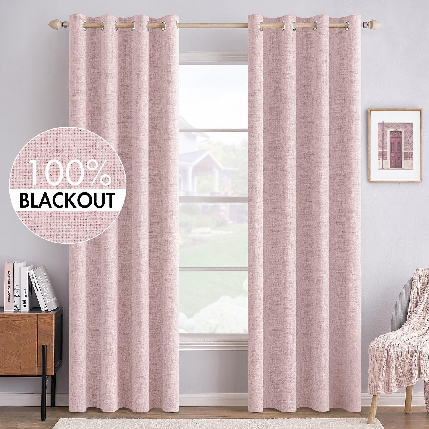 Photo 1 of MIULEE Linen Texture Curtains for Bedroom Solid 100% Blackout Thermal Insulated Pink Curtains Grommet Room Darkening Curtains/Draperies for Living Room Nursery 52x84 Inch (2 Panels)
