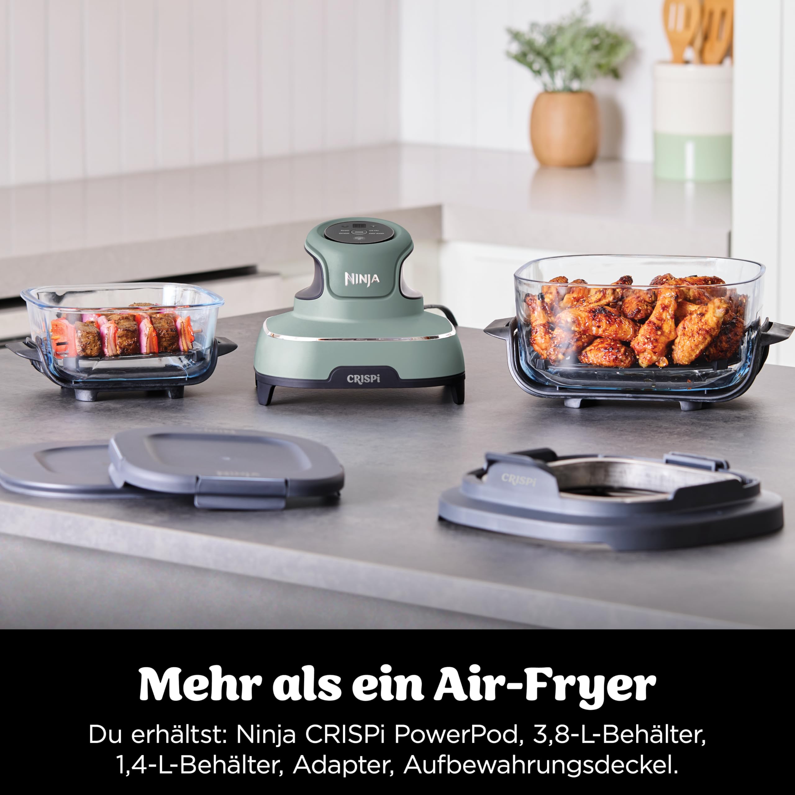 Ninja CRISPi Tragbare Air Fryer Heißluftfritteuse, 3,8 l, 4-in-1: Heißluftfrittieren, Braten, Warmhalten, Recrisp, Kompakt, 6 Portionen, 2 Herausnehmbare Glasbehälter & Deckel, 1700 W, Sage FN101EUSG 2