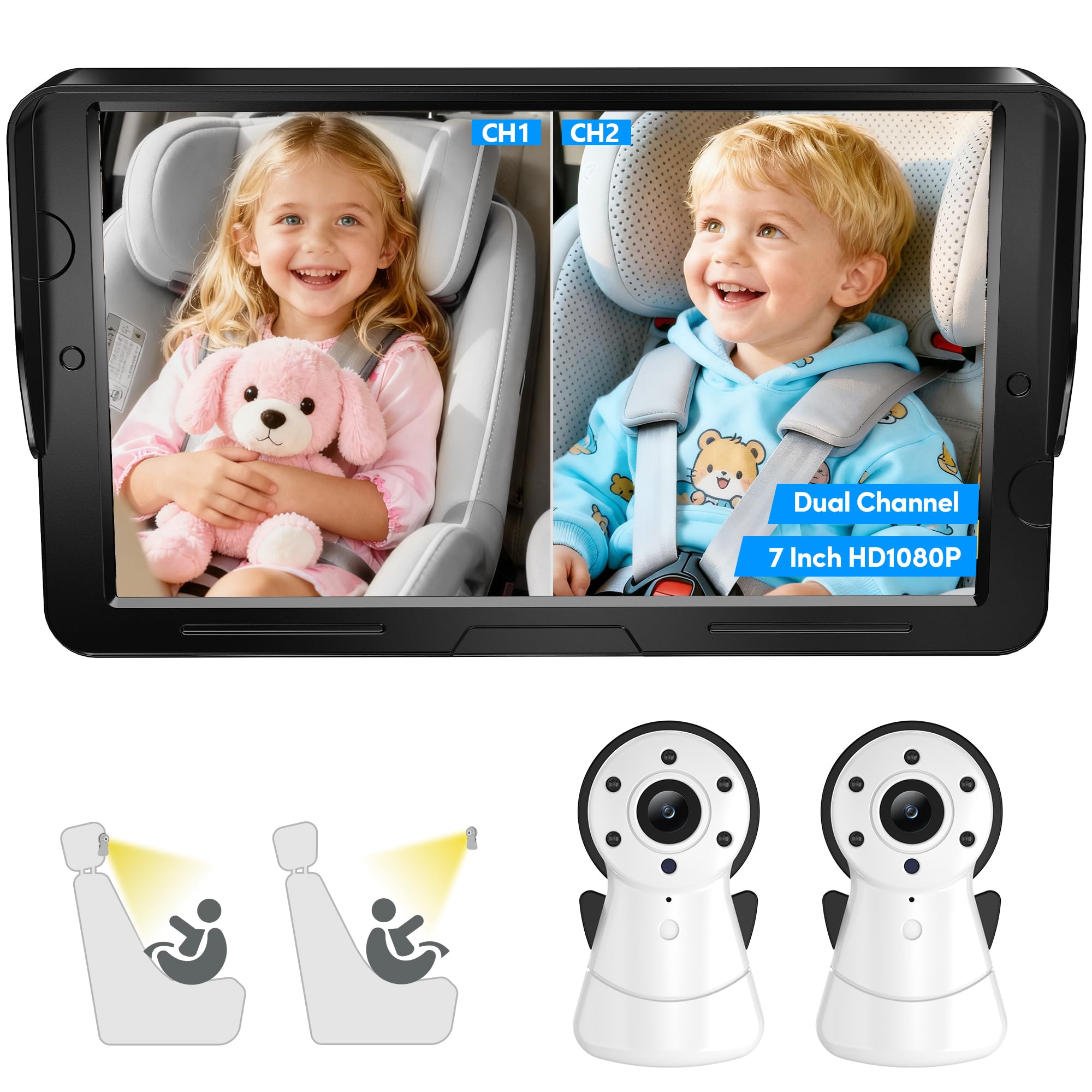 Photo 1 of 2-Kids Baby Car Camera Dual Monitor – 7 Inch Display with Two Rear Facing Car Seat Cameras, 1080P HD Night Vision IR-CUT, USB Powered Plug and Play Backseat Baby Monitor for Infant & Toddler Safety