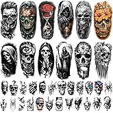 77 Sheets Skeleton Skull Temporary Tattoo for Women Men, 17 Sheets Half Arm Large Flower Spider Owl Fake Tattoos, 60 Sheets Black Scary Halloween Cosplay Tiny Adult Kid Body Tattoos Stickers Realistic
