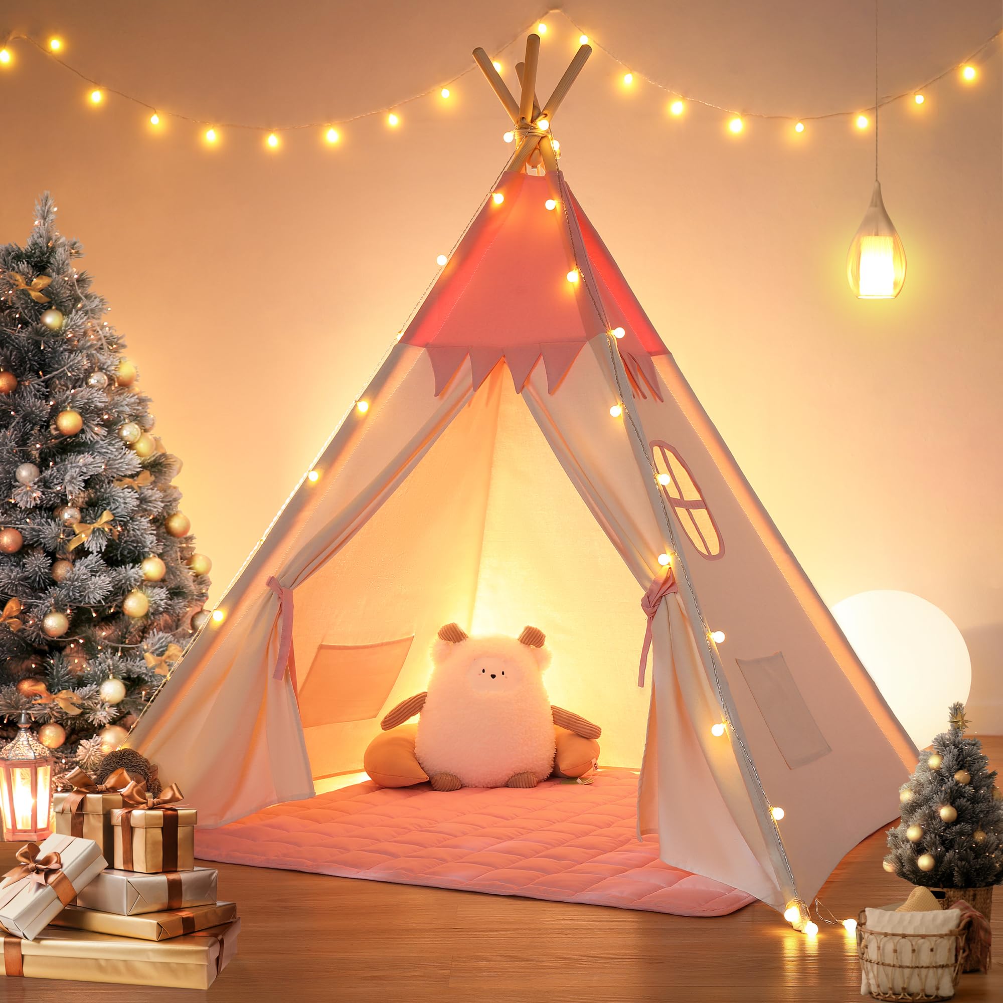 besrey Toddler Tipi Tent，Teepee Tent for Kid，Teepee Kids Tent, Kids Teepee indoor with Padded mat and Lights Play tent Cotton Indoor Playhouse for Toddler Girls