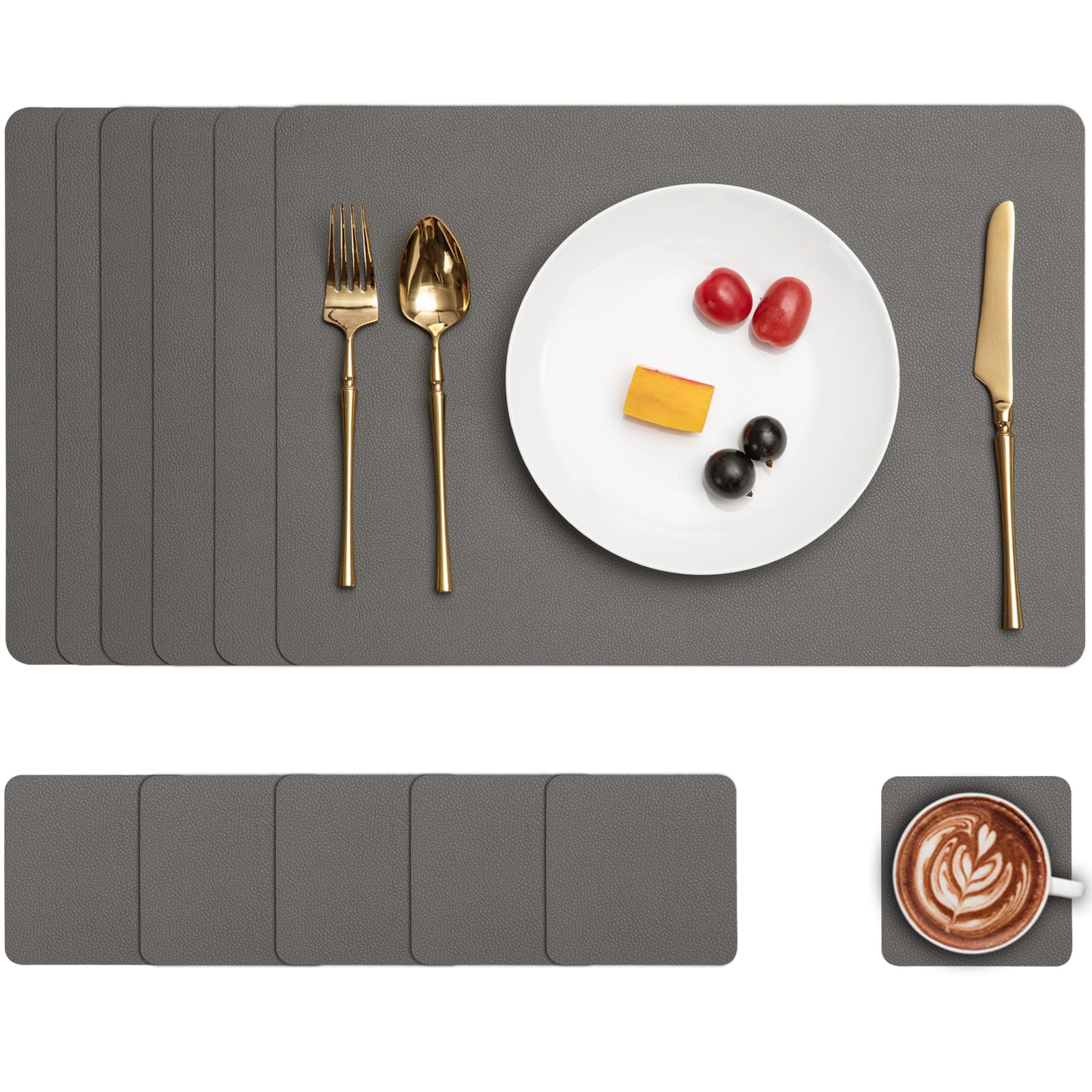 Myir JUN Leather Table Mats and Coasters, Dual-Sided Leather Placemats and Coasters Waterproof Placemats Set of 6 Place Mats Non-Slip Washable Table Mats (Grey Grey, Set of 6)