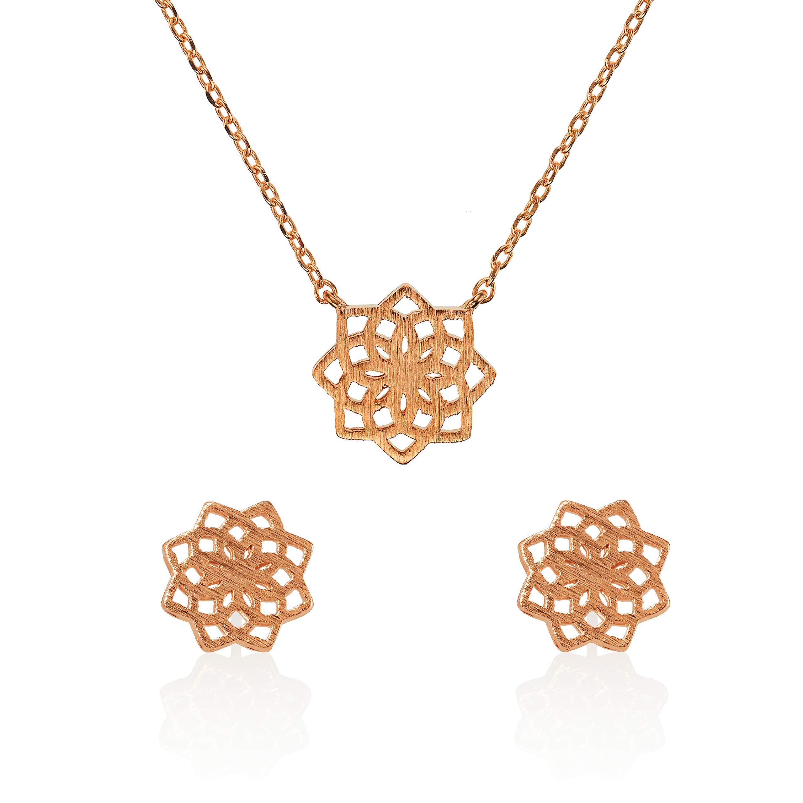 namana Rose Gold Mandala Necklace and Earrings Set. Brushed Finish Rose Gold Jewellery Sets for Women. Mandala Flower Pendant Necklace and Stud Earrings. Jewellery Set for Women with Gift Box