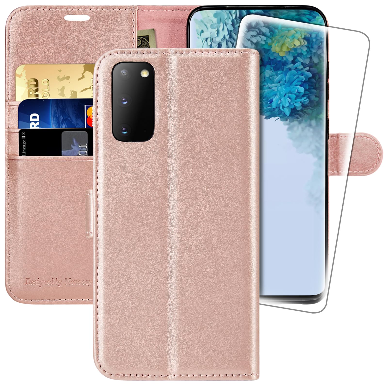 MONASAY Galaxy S20 FE Wallet Case, 6.5-inch, [Included Screen Protector] Flip Folio Leather Cell Phone Cover with Credit Card Holder for Samsung Galaxy S20 FE，Rosegold