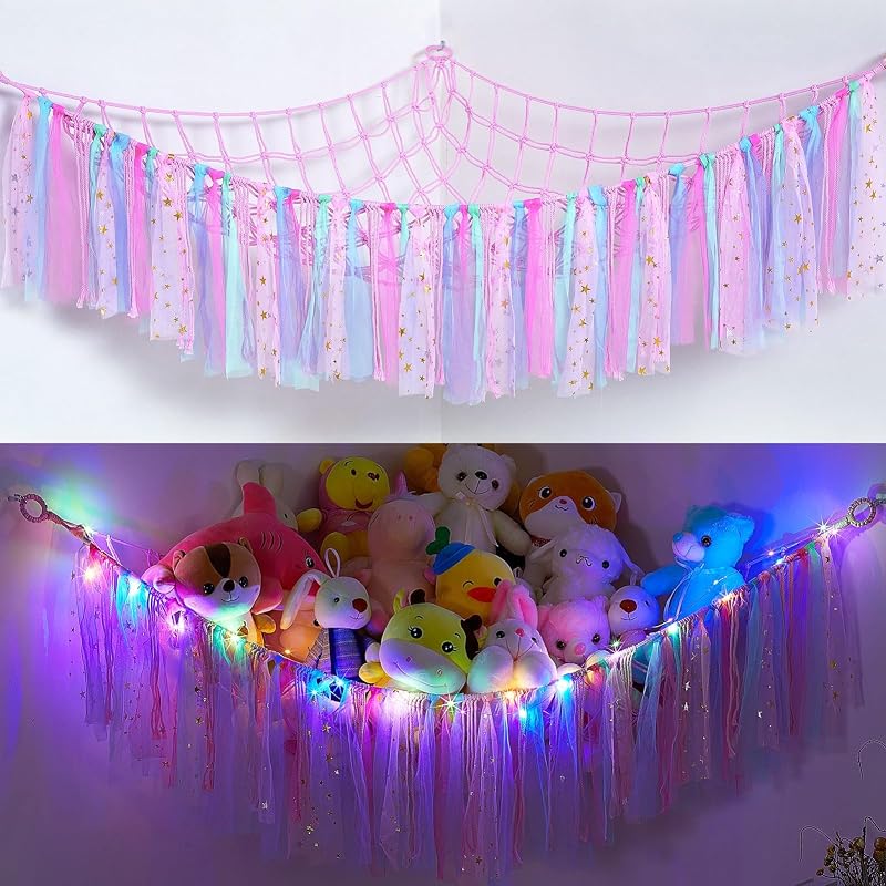 MHJY Handmade Toy Hammock Net with LED Light Large Wall Hanging Organizer