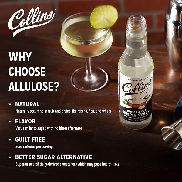 COLLINS SUGAR FREE SIMPLE SYRUP FOR DRINKS, ALLULOSE COFFEE SYRUPS, LOW CARB COCKTAIL SWEETENER KETO 32OZ. SET OF 1