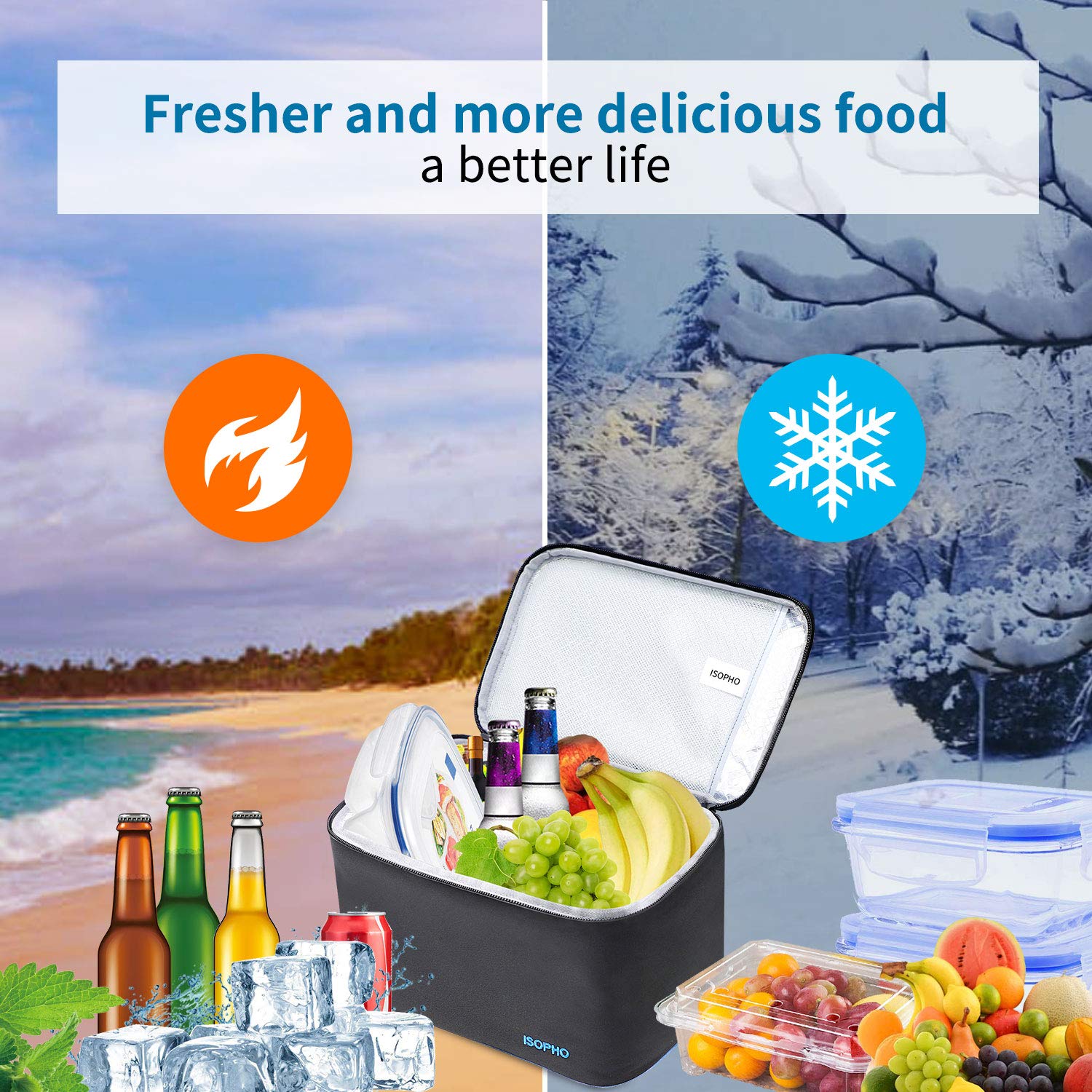 Cool Lunch Bag ISOPHO Picnic Cool Bag 7L Lunch Box for Adults/Men/Women/Kids, Leakproof Insulated Lunch Bag for Work, School, Camping, Black and Light Portable Adjustable Shoulder Strap