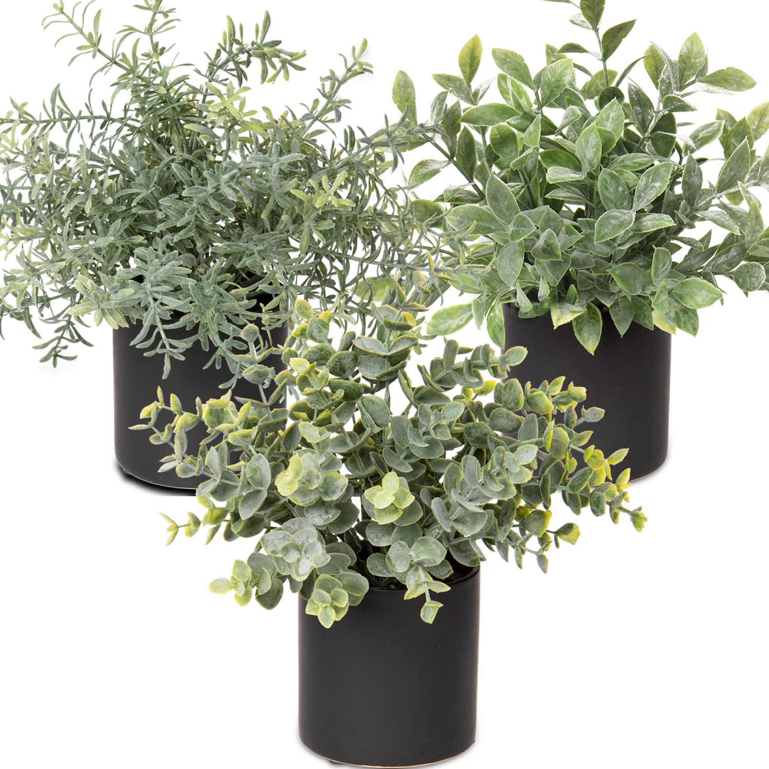 Oairse Fake Plants Set of 3 Artificial Plant in Ceramic Pot Small Artificial Plants Indoor Eucalyptus Rosemary Faux Plant Potted for Home Living Room Bedroom Bathroom Living Room Desk Decor, 23cm