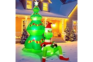 KOITHE 7FT Christmas Inflatable Outdoor Decoration, Big Monster Sitting with Gift Box in Front of Christmas Tree, Built-in 6 LED Lights, Fun Christmas Yard Decorations Outdoor