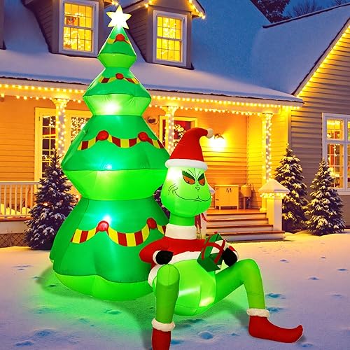 KOITHE 7FT Christmas Inflatable Outdoor Decoration, Big Monster Sitting with Gift Box in Front of Christmas Tree, Built-in 6 LED Lights, Fun Christmas Yard Decorations Outdoor