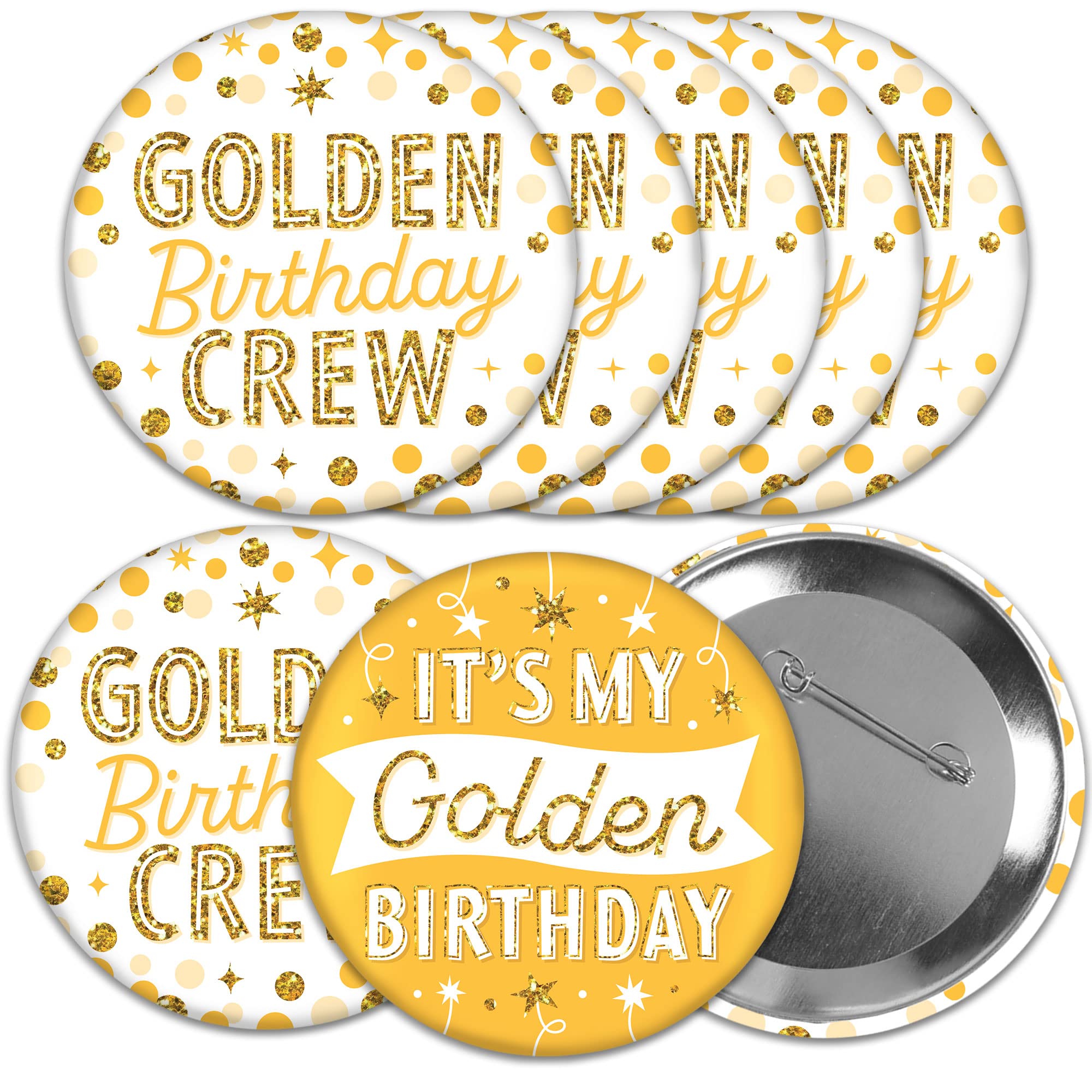 Photo 1 of Big Dot of Happiness Golden Birthday - 3 inch Happy Birthday Party Badge - Pinback Buttons - Set of 8