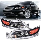 Projector Headlight Assembly Compatible with 2010 2011 2012 Ford Taurus | Halogen Headlamp Head Light Driver &amp; Passenger Side, Black Housing Amber Side
