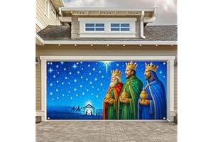 HOMETITUTE Three Kings Day Garage Door Banner 13x6FT Epiphany Star Scene Background Wise Men Nativity Design Garage Door Cover Christmas Celebration Religious Garage Door Decoration
