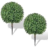 Hecaty 25.6" Artificial Boxwood Topiary Ball Trees: 2 Pack Fake Shrubs with Spike – UV Resistant & Fade Resistant Faux Bushes, Evergreen Spring Artificial Plants for Outdoor Indoor Front Porch Garden