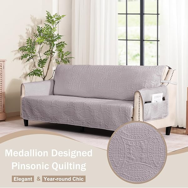 PAMHAVEN CLOUD PURPLE SOFA COVERS WITH POCKETS, ANTI-SLIP MEDALLION COUCH COVERS FOR 3 CUSHION COUCH SOFA, COUCH COVER FOR DOGS WATER-REPELLENT MACHINE WASHABLE (LARGE SOFA 68″, CLOUD PURPLE)