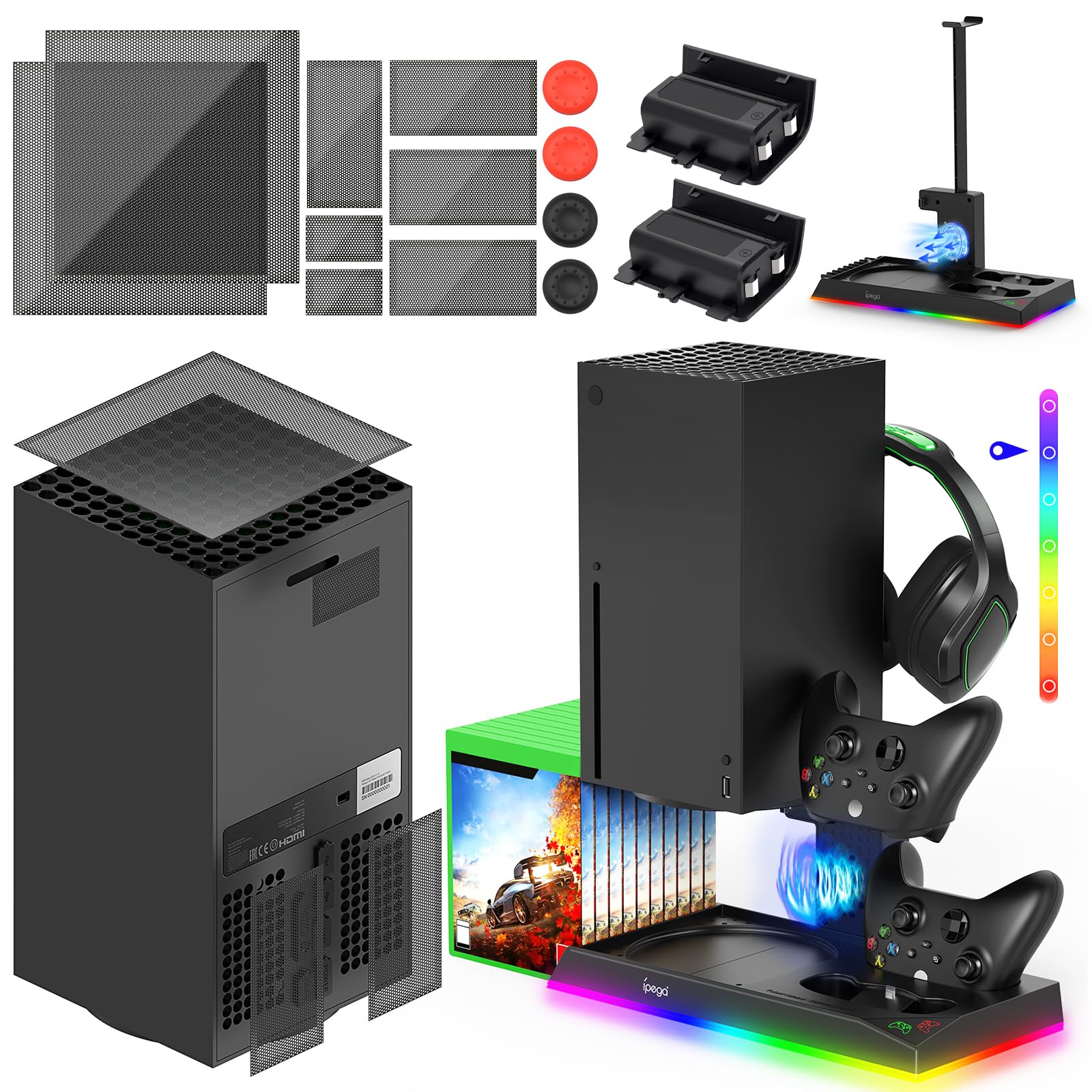 Vertical Stand for Xbox Series X with Cooling Fan& RGB LED Lights and Dust Filter for Xbox Series X