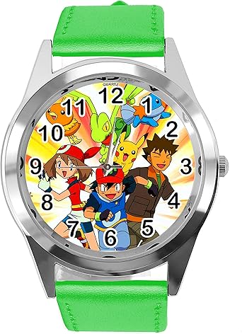 TAPORT® Pokemon League Team Reloj redondo de cuarzo con correa de piel verde