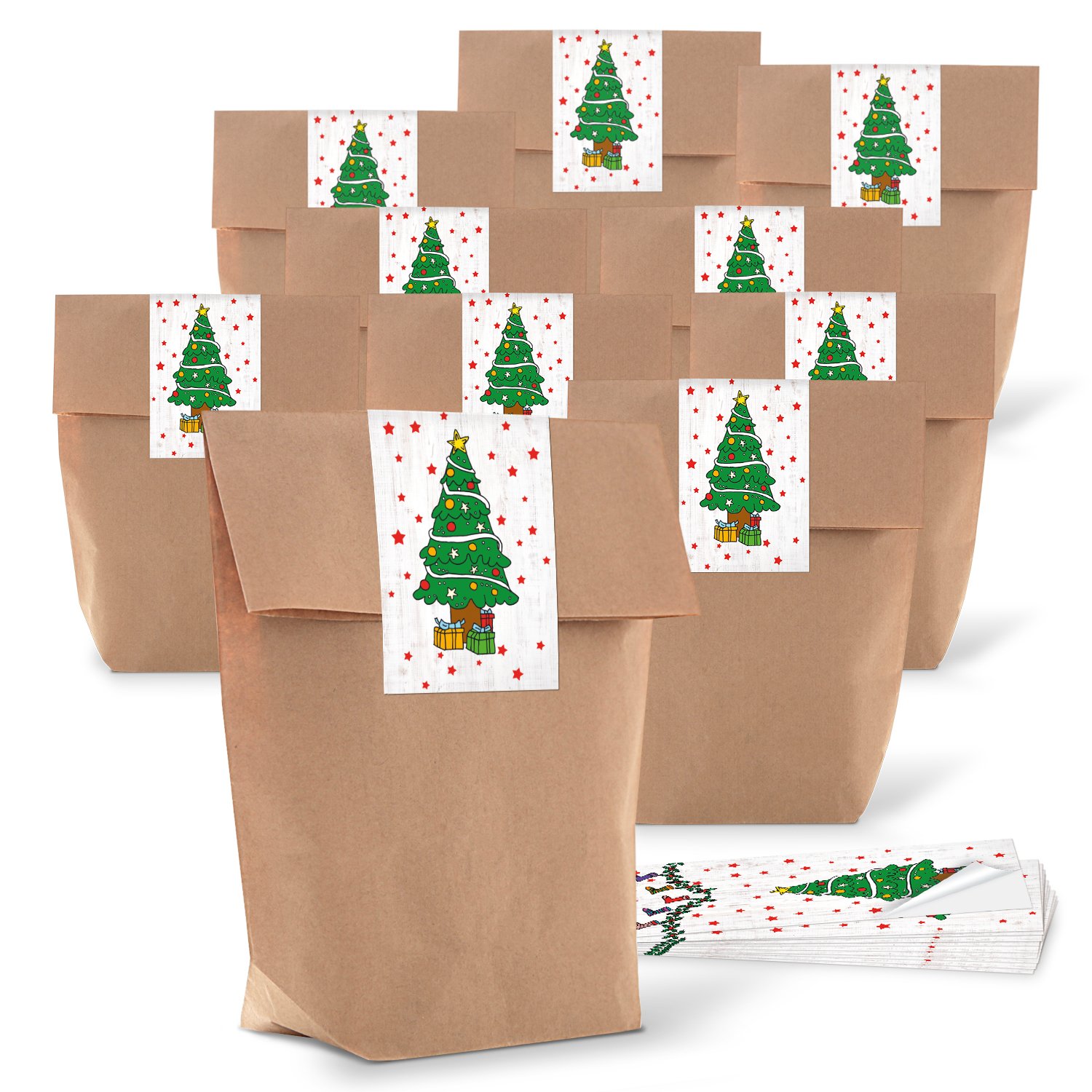 10 Small Brown Christmas Bags Kraft Paper Gift Bags Paper Bags (14 x 22 x 5.6 cm) + 10 Stickers Green White Red Christmas Gift Christmas Tree (5 x 15 cm) Packaging Cross Base Bag Give Away