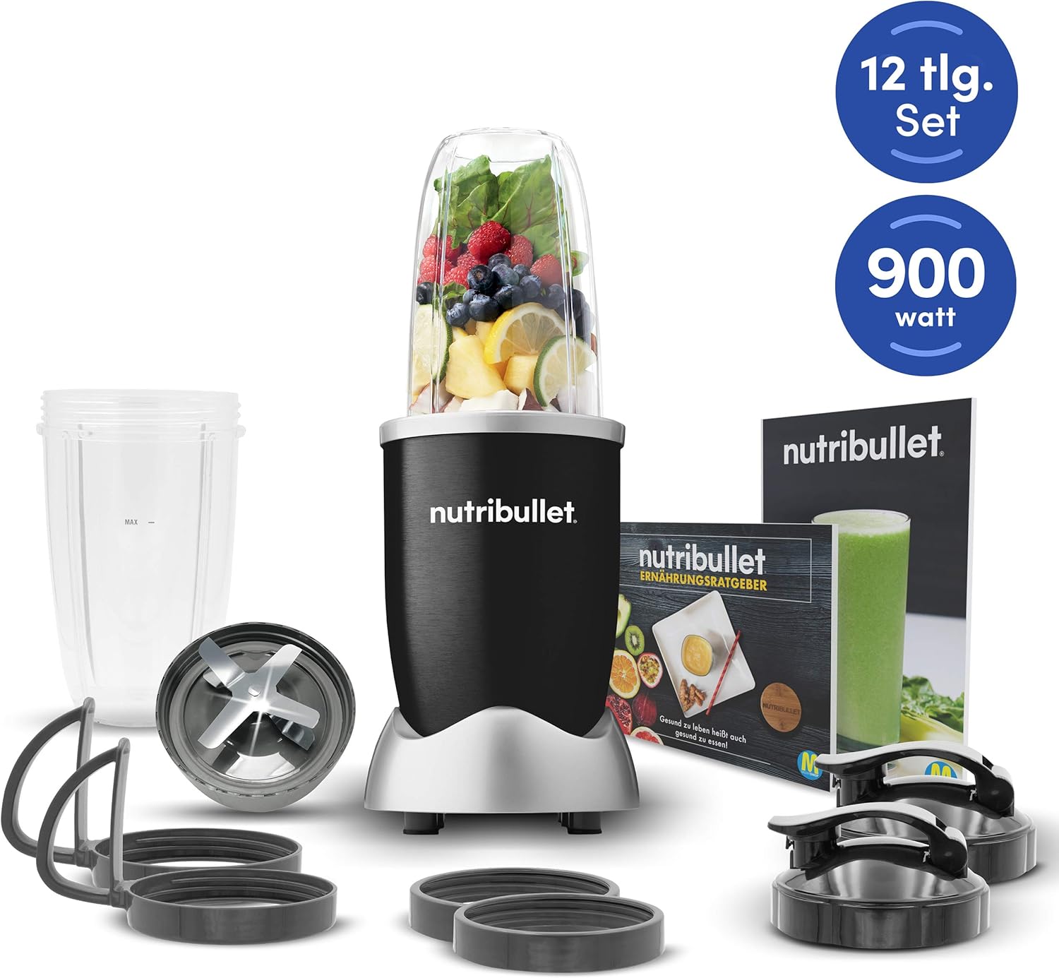 Amazon De Nutribullet Pro 900w Schwarz Mixer Mit Extraktor Klinge Macht Aus Einfachen Lebensmitteln Superfood Power Standmixer Fur Gesunde Ernahrung 12tlg