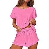Ekouaer Women's Pajama Set Ruffle Sleeves Top and Short Soft 2 Piece Loungewear Set