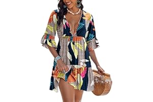 AI'MAGE Women's Swimsuit Cover Ups Dress V Neck Casual Tunic Bathing Suit Beach Mini Dress S-3XL