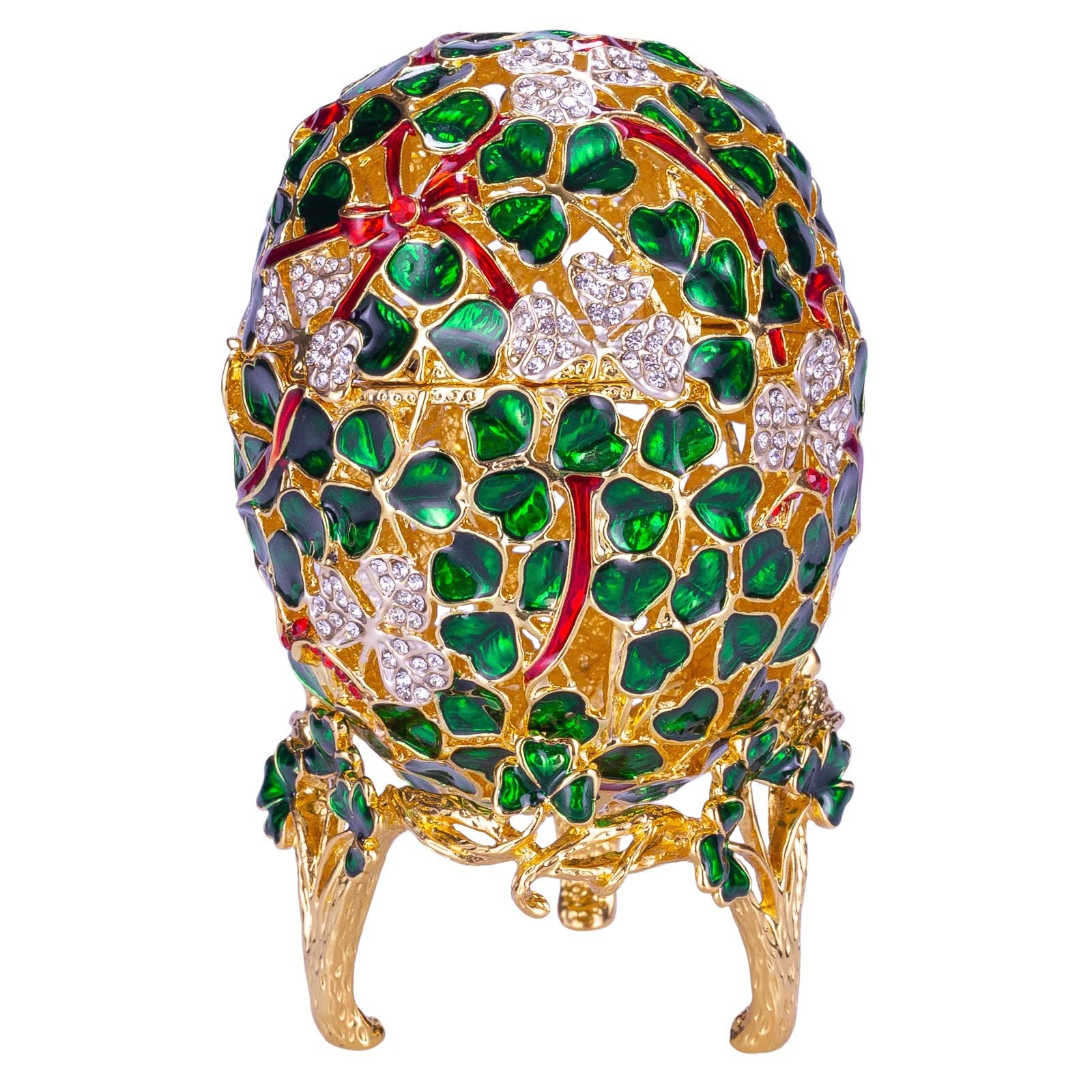 danila-souvenirs Glamorous Style Clover Leaf carved Easter Egg Trefoil Shamrock Trinket Jewel Box 9,5 cm green