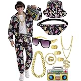 VillbeCoser 80s 90s Outfit for Men Tracksuit Costume, Hip Hop Hat Fanny Pack Ring Bracelet Gold Chain Rapper Sportswear