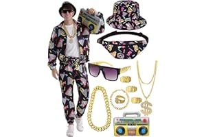 VillbeCoser 80s 90s Outfit for Men Tracksuit Costume, Hip Hop Hat Fanny Pack Ring Bracelet Gold Chain Rapper Sportswear