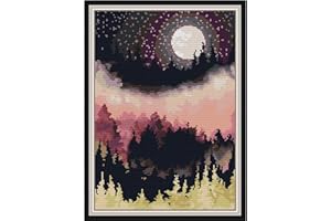 Svarog Stamped Cross Stitch Kits Beginners Full Range of Embroidery Patterns Starter Kits for Adult or Kids DIY Cross Stitches Needlepoint Kits 14CT-Moonlight Mountain Forest Nature 11.8x15.75 inch