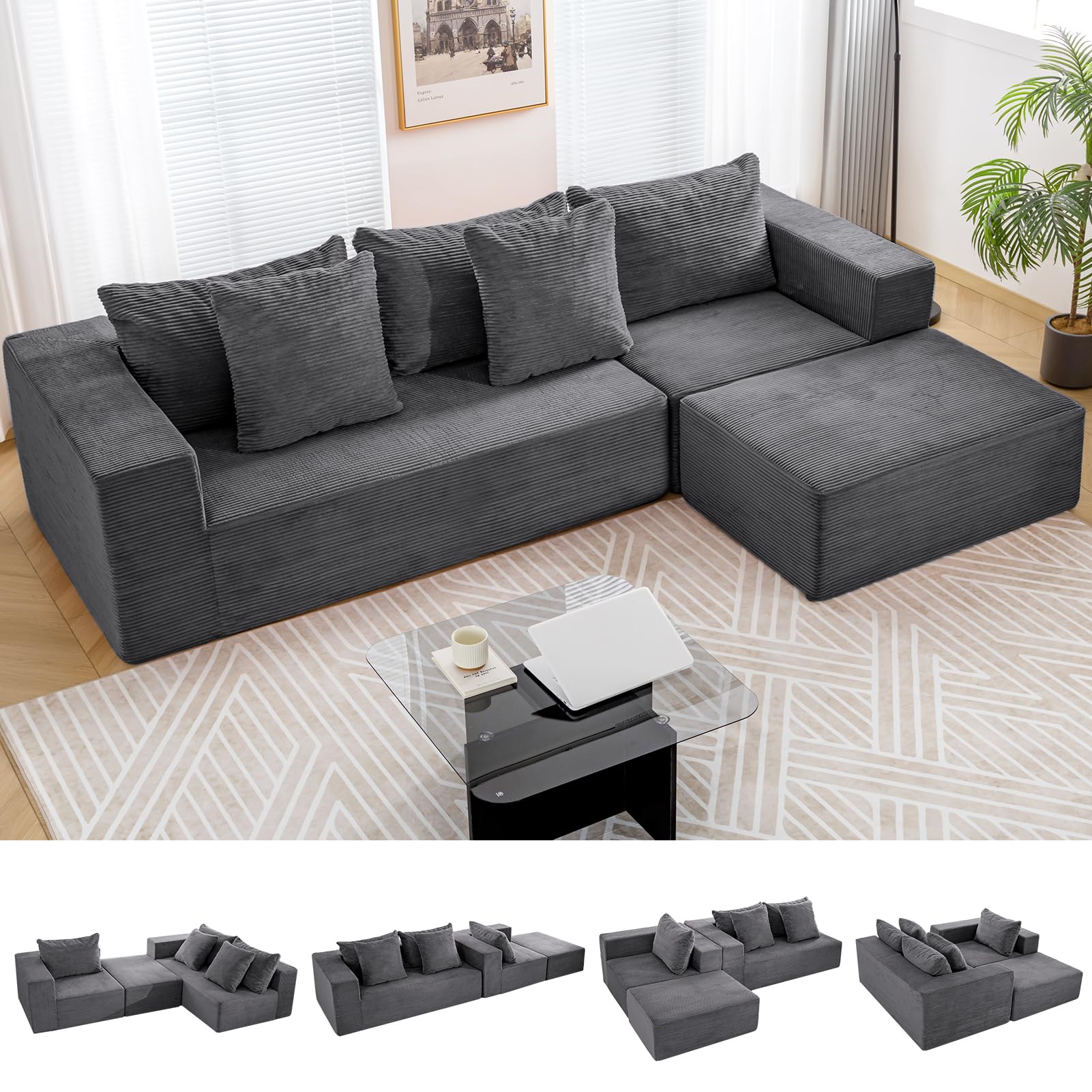 Photo 1 of **DIRT. BROKEN ZIPPER ON BOTTOM** 108" Cloud Sectional Couch with L-Shape Chaise, Modular Sofa Memory Foam, 3 Module Boneless Sofa with Movable Ottoman, Upholstered Couches for Living Room, No Assembly Required, Dark Gray