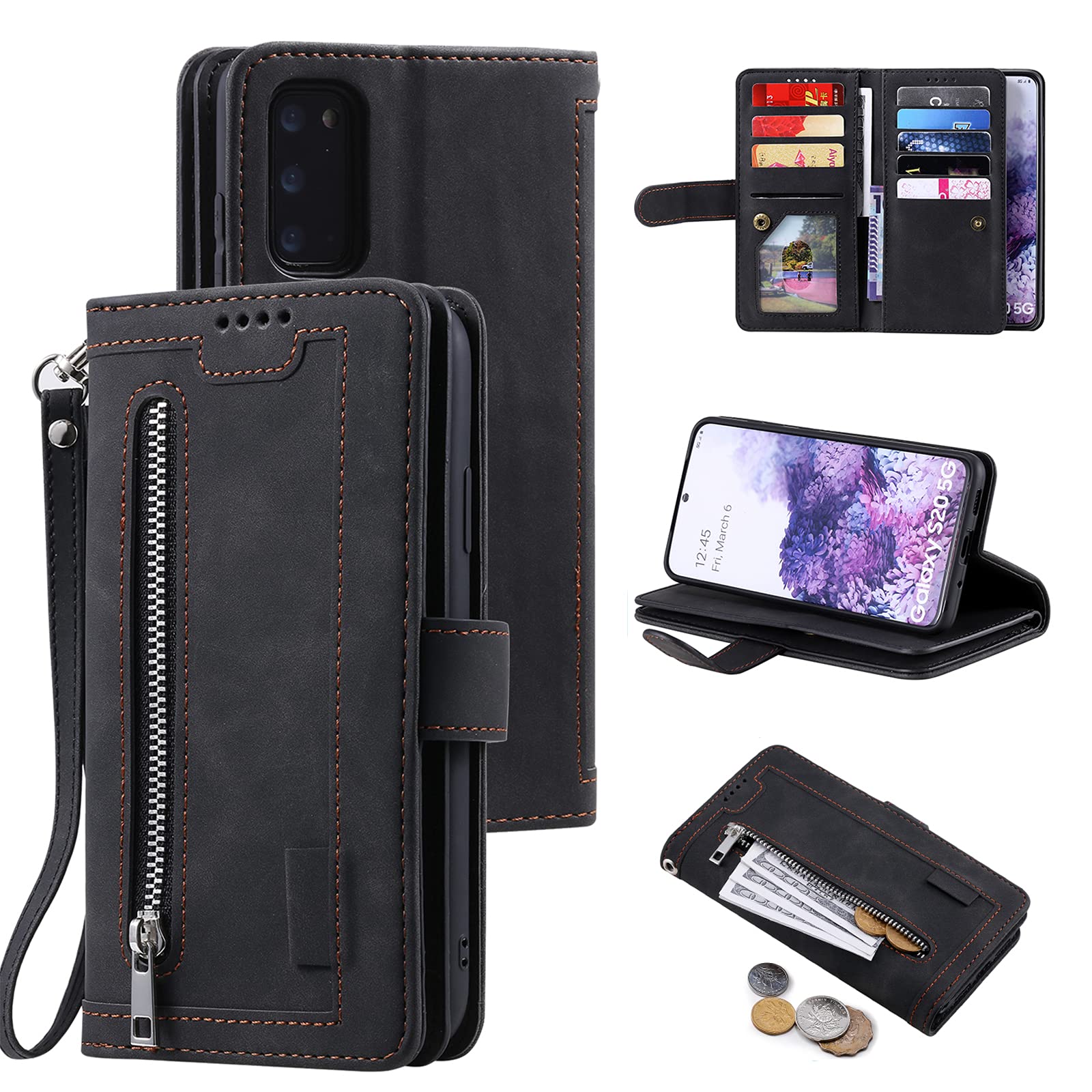 UEEBAI Wallet Case for Samsung Galaxy S20 FE 5G, Retro 9 Card Holder Slots Zipper Pocket Handbag Case PU Leather Magnetic Closure Kickstand with Wrist Strap TPU Shockproof folio Case - Black