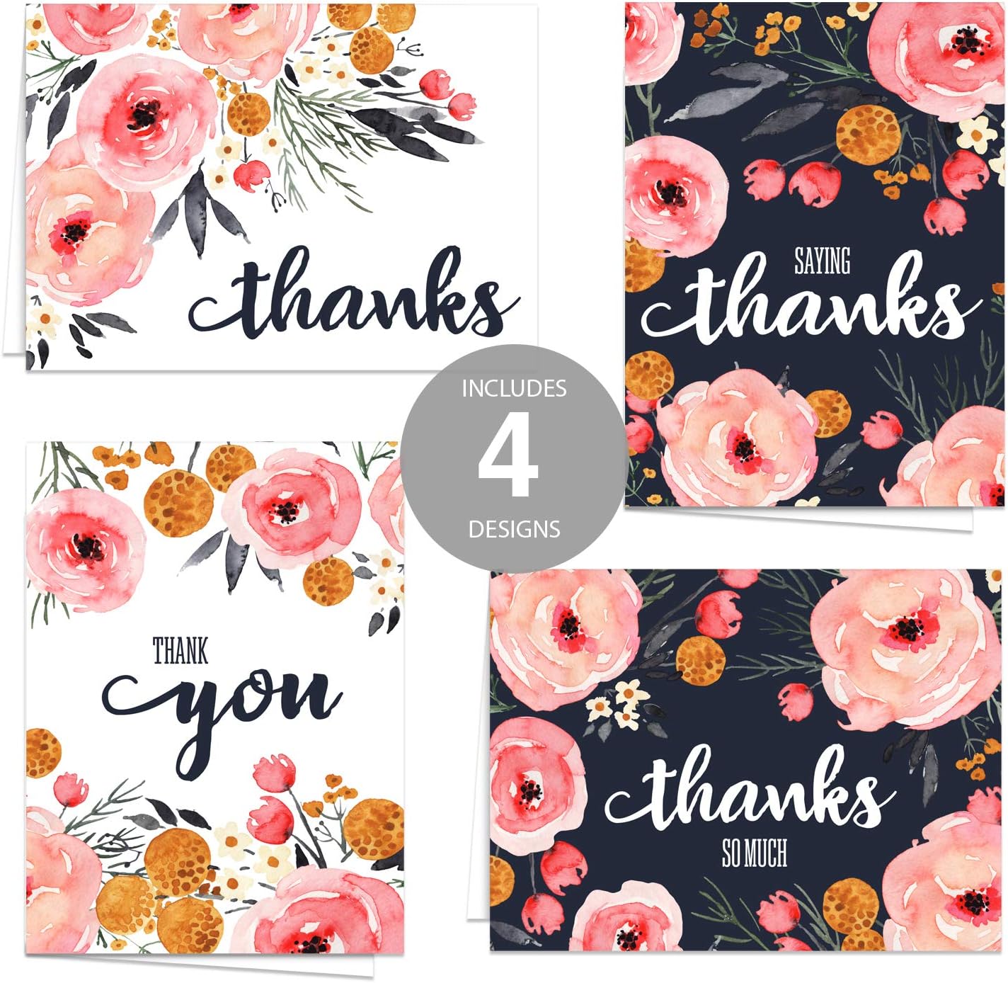 Watercolor Pink And Navy Floral Cards/Modern Thank You Cards With Envelopes / 24 Bright Floral Bouquet Cards With White Envelopes : Office Products