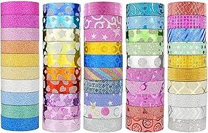 JANYUN 50 Rolls Glitter Washi Masking Tape Set,Great for DIY Decor Scrapbooking Sticker Masking Paper Decoration Tape Adhesive School Supplies(Random Pattern)