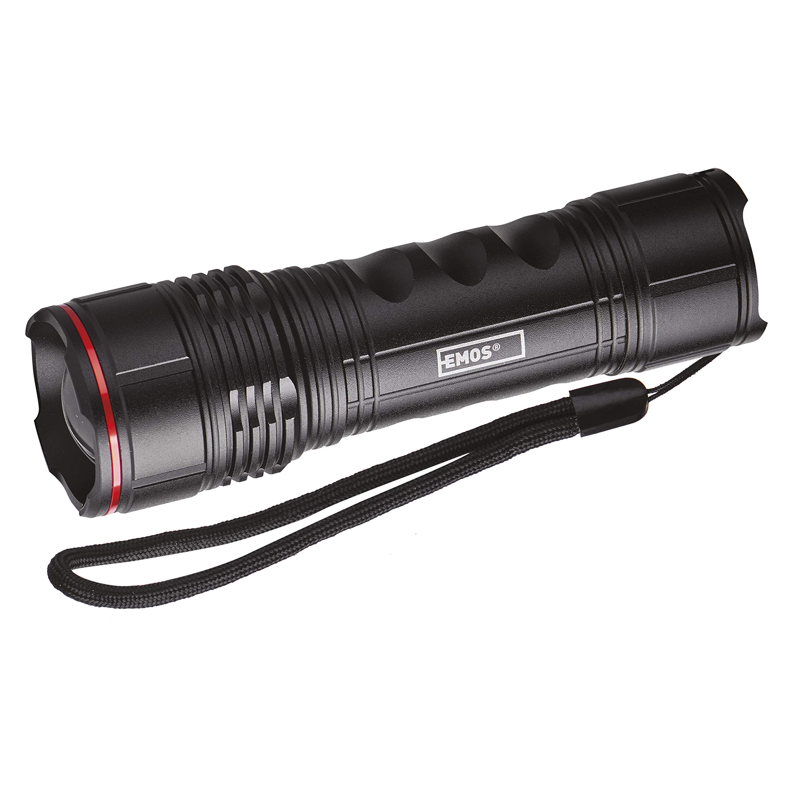 EMOS P3115 Focusable LED Metal Torch with Hand Strap, IP44 Ultralight Waterproof Handheld Lamp with 3 Light Modes, Brightness 500 lm, Light Range 160 m, Running Time up to 22 Pieces, Black