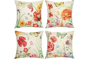 Nfvjfxz Spring Floral Throw Pillow Covers 18x18 Inch Set of 4 Butterfly Flower Decorative Pillowcases Rustic Linen Cushion Co