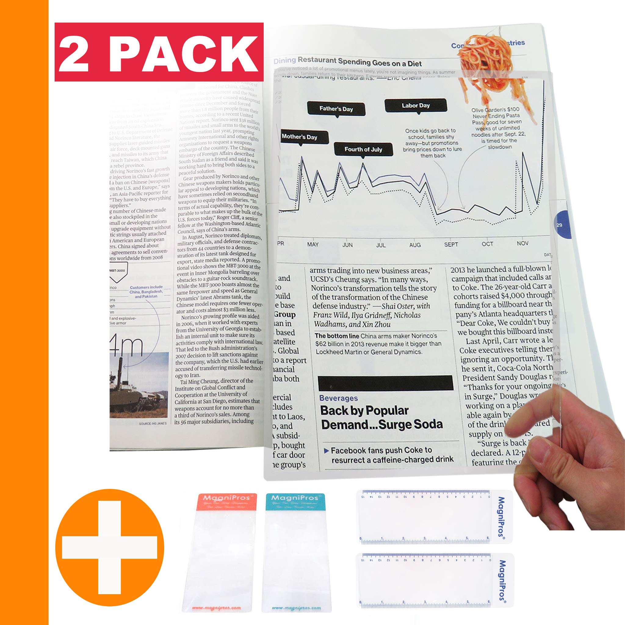 MagniPros(2PACK) Large Full Page 3X Premium Magnifying Sheet Fresnel Lens 7.5" X 10.5"+2 Bonus Ruler Magnifiers+2 Bookmark Lenses-Best Magnifying Set for Reading Small Prints &amp; Low Vision Seniors