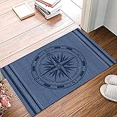 LBCASA Nautical Compass Indoor Door Mat - 20"x31.5", Non-Slip Welcome Mat for Patio, Navy Blue Striped Coastal Compass Front 