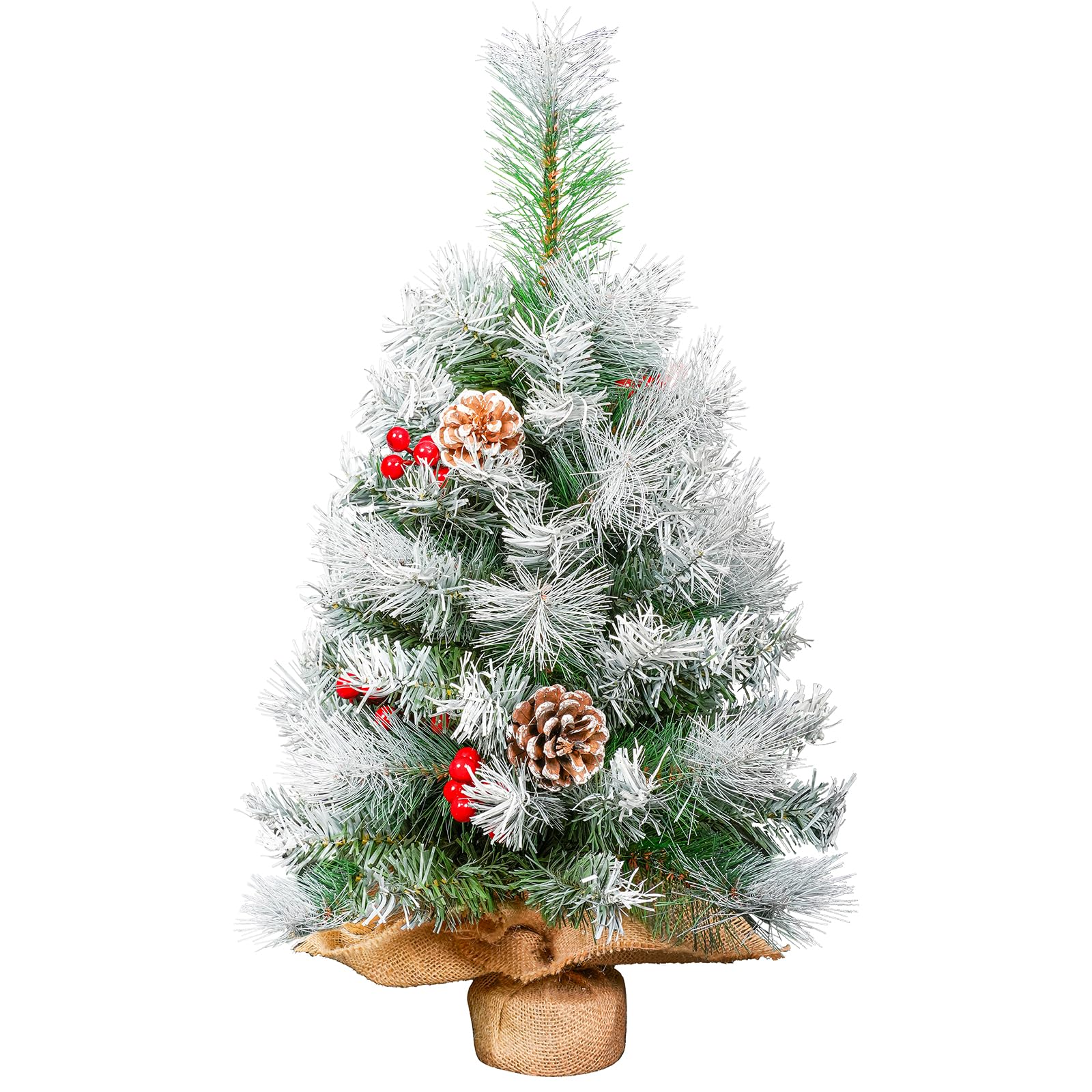Mini Christmas Tree, 2ft/60cm Small Christmas Tree with Snow, Real Pine Cones Red Berries Decoration for Xmas, Office Living Room Kitchen Windowsill Christmas Desktop, Dining Tabletop